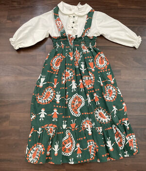 Vintage 1970s Sears Kids Play Print Dress Girls SZ 6 Green Paisley Perma Prest